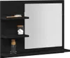A black wooden bathroom cabinet with a mirror and shelves, displaying a comb, cotton pads, and a soap dispenser. Produktbild-Vorschau
