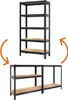 A shelving unit is shown in two configurations: a tall, five-shelf unit and a lower, two-part unit. Orange arrows indicate the transformation between the two. Náhľad obrázku produktu