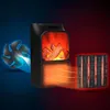 A marketing image showing a portable electric heater with a realistic flame effect, a fan, and a heating element. Anteprima dell’immagine prodotto