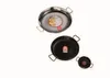 Multiple paella pans of different sizes are displayed against a white background. Produktbild-Vorschau