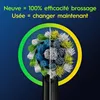 A split image showing a new and used toothbrush head, with text comparing their effectiveness. Produktbild-Vorschau