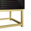 A close-up view of the bottom part of a black sideboard with gold legs. Voir les images du produit