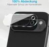 A close-up of a clear camera lens protector placed over the camera module of a black smartphone. Produktbild-Vorschau