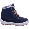 A single blue boot with pink laces and gray trim is shown against a white background. Produktbild-Vorschau