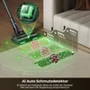 A vacuum cleaner head on a floor with scattered debris, with an overlay showing AI detection and suction power levels. Produktbild-Vorschau
