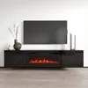 A modern black media console with an electric fireplace and a large flat-screen TV mounted above it. Produktbild-Vorschau