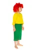 A child wearing a costume consisting of a red wig, a yellow long-sleeved shirt, and green pants, standing on a white background. Anteprima dell’immagine prodotto