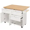 A white kitchen island with a wooden countertop and open drawers and doors, shown against a white background. Produktbild-Vorschau