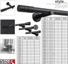 A collage of product images and a size chart for a curtain rod. Produktbild-Vorschau