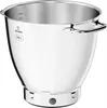 A close-up studio shot of a stainless steel mixing bowl with handles and markings for volume and temperature. Produktbild-Vorschau