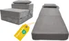 Two views of a folded grey mattress, one folded into a chair-like shape and the other laid out flat, with a yellow tag. Voir les images du produit