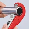 A person's hands are holding a pipe cutter around a metal pipe. Produktbild-Vorschau