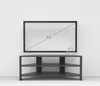 A modern corner TV stand with a large flat-screen TV mounted above it. Produktbild-Vorschau