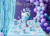 A birthday party table setting with a cake, balloons, and decorations. Produktbild-Vorschau