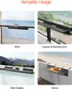 A collage of four images showcasing a foldable balcony table used for different purposes: working, leisure, plant display, and dining. The images are set against scenic backgrounds like the ocean, a cityscape, mountains, and a beach. Voir les images du produit