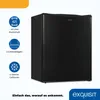 A black mini-refrigerator is shown with feature icons and text. Produktbild-Vorschau