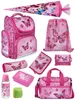 A collection of pink school supplies with a butterfly motif, including a backpack, pencil case, drawstring bag, lunchbox, water bottle, and school cone. Produktbild-Vorschau
