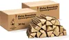 Two cardboard boxes of firewood are shown, with a pile of firewood in front of them. Produktbild-Vorschau