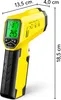 A yellow and black infrared thermometer with dimensions indicated by lines and text. Produktbild-Vorschau