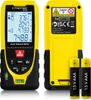 A TROTEC Laser Distance Meter TD120 is shown from the front and back, along with two AAA batteries. Produktbild-Vorschau