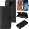 A collage of images showing a black flip phone case for a Samsung Galaxy A8, including its interior card slots and stand function. Produktbild-Vorschau
