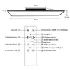 A diagram showing a flat LED panel light fixture with dimensions and a remote control with labeled buttons. Produktbild-Vorschau