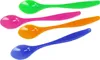 Four colorful plastic spoons arranged diagonally on a white background. Produktbild-Vorschau