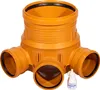 An orange plastic sewage pipe fitting with multiple inlets and one outlet, shown on a white background. A small white bottle with a blue label is placed next to the fitting. Produktbild-Vorschau