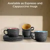 A collection of espresso and cappuccino mugs with saucers on a shelf. Produktbild-Vorschau