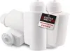 A group of white water filter cartridges are arranged together on a white background. One of the cartridges has a black and red tag attached to it.