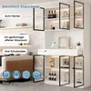 A white display cabinet with glass doors and shelves, showcasing various items and featuring informational text overlays. Produktbild-Vorschau
