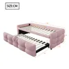 A pink sofa bed with dimensions indicated by orange lines and numbers. Produktbild-Vorschau