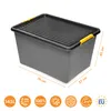 A gray storage box with a black lid and orange handles, shown from a slightly elevated angle. Dimensions and feature icons are displayed below the box. Produktbild-Vorschau