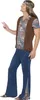 A man wearing a hippie costume, posing with his hand up in a peace sign. Produktbild-Vorschau
