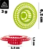 Two drain strainers, one green and one red, are shown with dimensions and weight indicated. Podgląd zdjęcia produktu