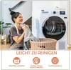 A woman is holding laundry next to a washing machine. Produktbild-Vorschau
