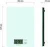 A digital kitchen scale with dimensions shown, presented from the front and side. Produktbild-Vorschau