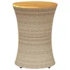 A round, woven side table with a wooden top, shown against a white background. Produktbild-Vorschau