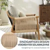 A close-up of a woven chair armrest with text overlay highlighting its unique design. Podgląd zdjęcia produktu