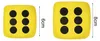 Two yellow dice of different sizes are shown side-by-side against a white background. Dimensions are indicated by arrows and text. Produktbild-Vorschau