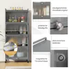 A multi-panel image showcasing a gray kitchen cabinet with various features highlighted by text overlays. Náhled obrázku produktu