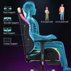 A gaming chair with LED lighting, showing anatomical support features and illustrations of children of different age groups. Podgląd zdjęcia produktu