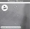 Close-up of a grey fabric with water droplets on it, indicating water resistance. Includes a circular icon with water drops and arrows, and text at the bottom. Produktbild-Vorschau