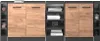 A set of storage cabinets with wooden doors and dark gray frames, featuring open shelving on the sides and in the middle, with books and decorative items displayed. Produktbild-Vorschau