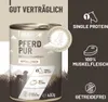 A product shot of a dog food can with marketing graphics and text. Produktbild-Vorschau