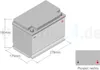 A diagram of a car battery with dimensions and a small diagram showing terminal placement. Produktbild-Vorschau