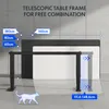 A black electric standing desk frame with white table tops shown in different configurations, with measurement indicators and text overlays. Produktbild-Vorschau