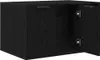A black wooden cabinet with two doors, one closed and one open, showing the interior. Produktbild-Vorschau