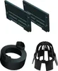 A set of black plastic drainage accessories, including two grate covers, a circular adapter, and a dome-shaped grate, arranged on a white background. Produktbild-Vorschau