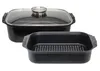 A black roasting pan with a glass lid and a perforated insert, shown against a white background. Produktbild-Vorschau